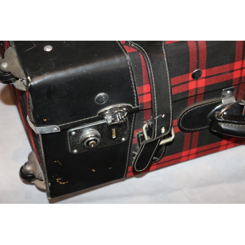 208 - Bright Red Tartan Suitcase On Wheels, Latch Needs Repairing