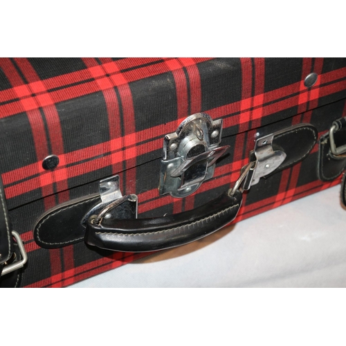 208 - Bright Red Tartan Suitcase On Wheels, Latch Needs Repairing