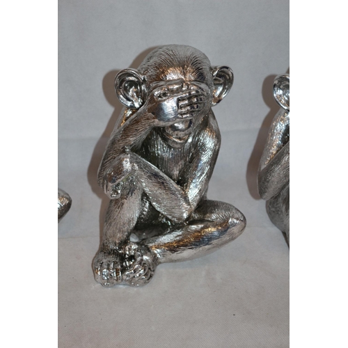 212 - See No Evil, Hear No Evil and Speak No Evil, Three Silver Resin Monkeys, one with damage on foot. Al... 