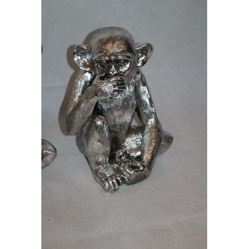 212 - See No Evil, Hear No Evil and Speak No Evil, Three Silver Resin Monkeys, one with damage on foot. Al... 