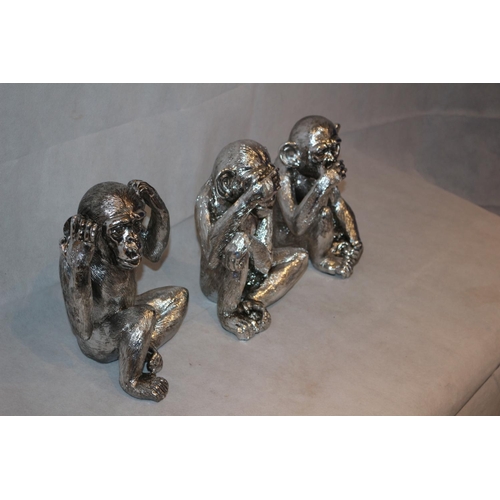 212 - See No Evil, Hear No Evil and Speak No Evil, Three Silver Resin Monkeys, one with damage on foot. Al... 