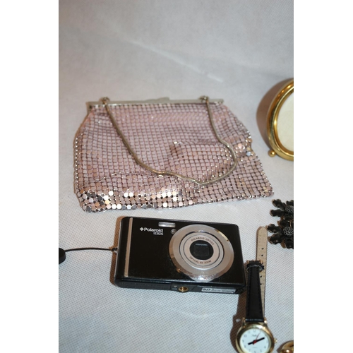 218 - An Assortment Of Items Including Chain mail Handbag, Brass Miniature Photo Frame and Cameras