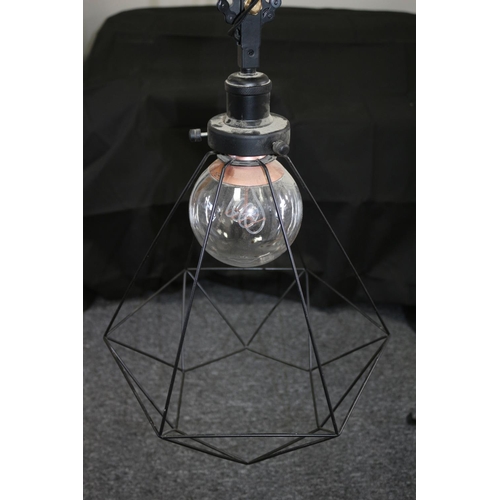 233 - 2 x  Industrial Style Bike  Chain Hung Ceiling Light Complete with Bulb and Cage Style Shade Was In ... 