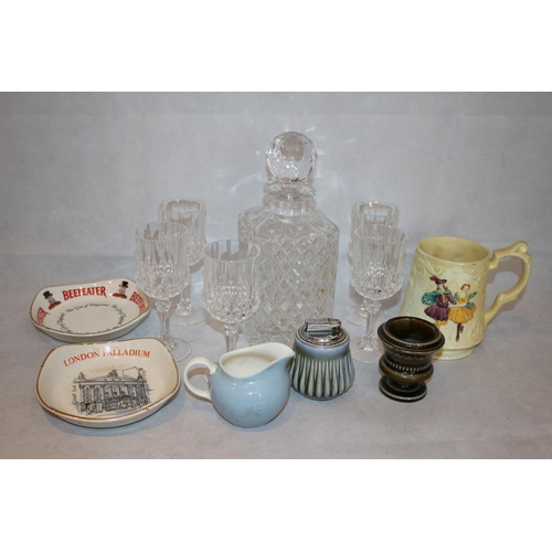 241 - Assorted Items Including Decanter with Cut Glass Glasses, Wade Pottery jug, Table lighter