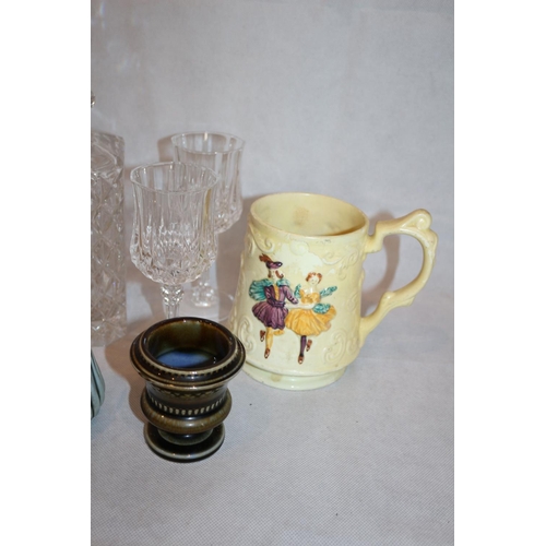 241 - Assorted Items Including Decanter with Cut Glass Glasses, Wade Pottery jug, Table lighter