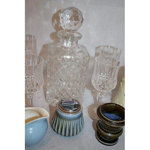 241 - Assorted Items Including Decanter with Cut Glass Glasses, Wade Pottery jug, Table lighter