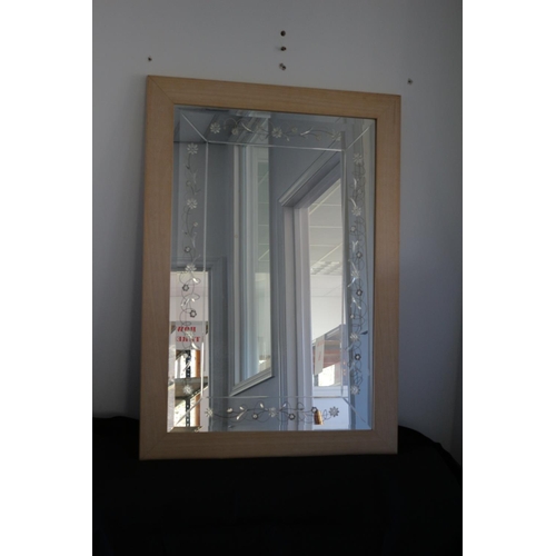 257 - A Wooden Framed Large Beveled Glass Engraved Mirror