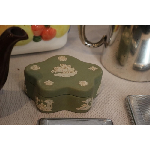 271 - An Eclectic Collection including a Vesta, China Bread Bin, Leather Covered Hip Flask plus More