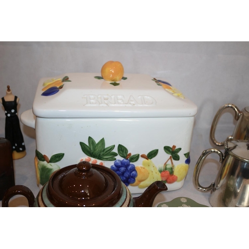 271 - An Eclectic Collection including a Vesta, China Bread Bin, Leather Covered Hip Flask plus More