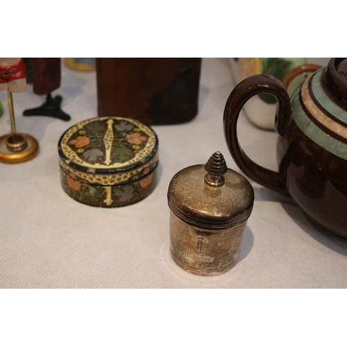 271 - An Eclectic Collection including a Vesta, China Bread Bin, Leather Covered Hip Flask plus More