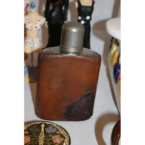 271 - An Eclectic Collection including a Vesta, China Bread Bin, Leather Covered Hip Flask plus More