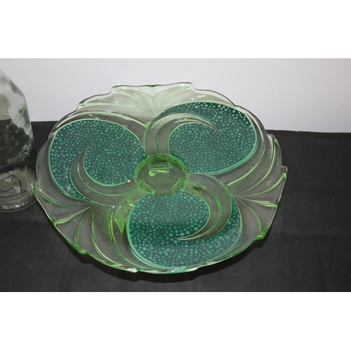 295 - A Large Green Swirl Pattern Cake Server/Platter and An Absolutely Pure Milk Pouring Bottle