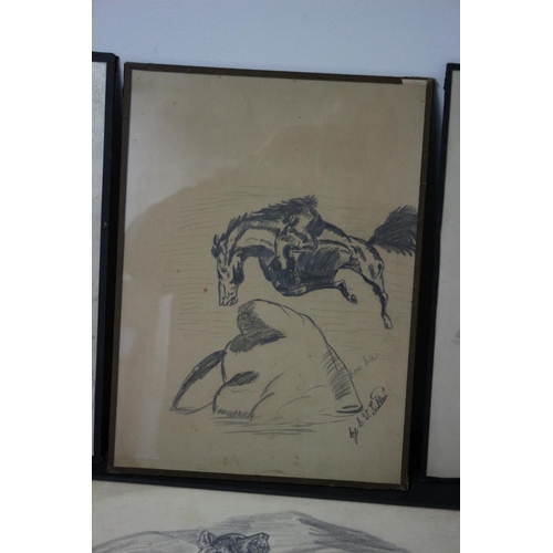 313 - 6 Naïve Charcoal Drawings All Signed Subject Mainly Animal Subject Matter Sylvia Salter