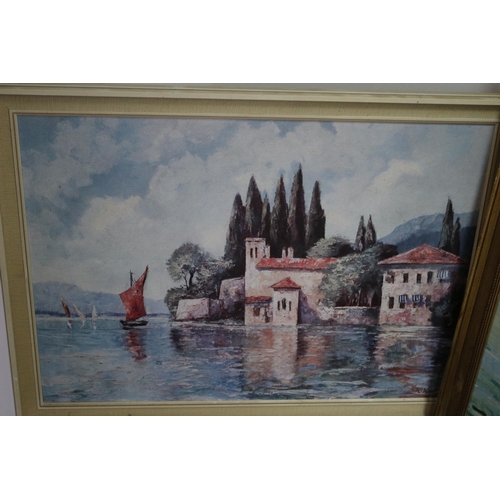 318 - 3 Large Framed Prints on Board 1 of a Beach Scene another of a Continental Lake Scene and the other ... 