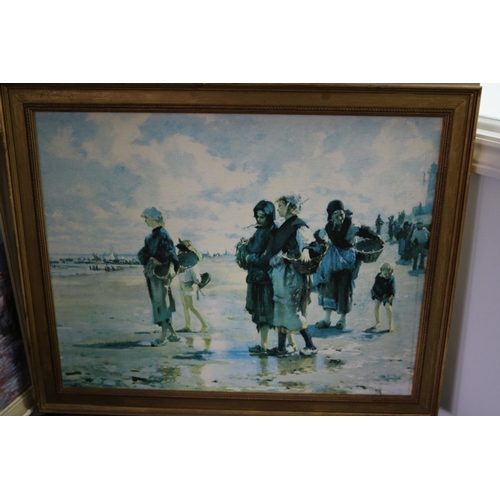 318 - 3 Large Framed Prints on Board 1 of a Beach Scene another of a Continental Lake Scene and the other ... 