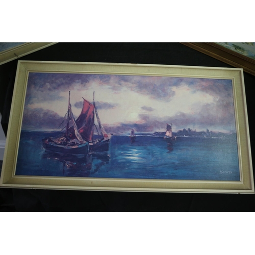 318 - 3 Large Framed Prints on Board 1 of a Beach Scene another of a Continental Lake Scene and the other ... 