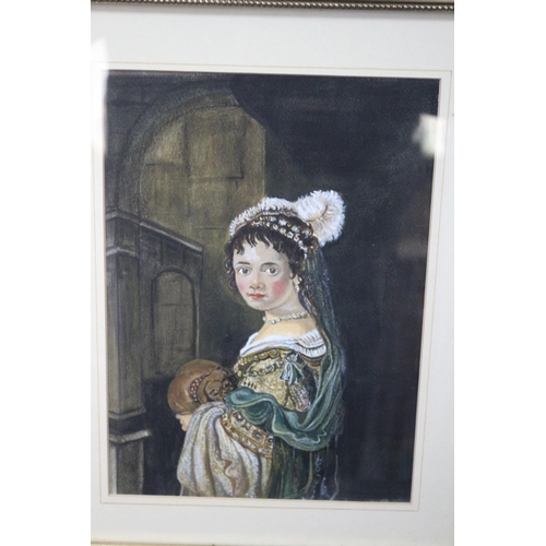 329 - A Mixed Media Framed and Glazed Painting of A Young Women Holding a Dog