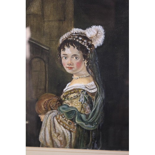 329 - A Mixed Media Framed and Glazed Painting of A Young Women Holding a Dog