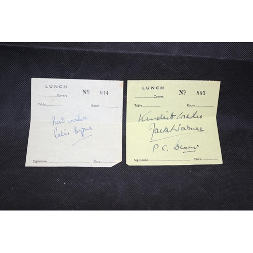 355 - Jack Warner Peter Byrne Autographs From Dixon of Dock Green and Carry on Cabby on Lunch Receipts