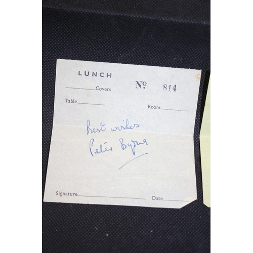 355 - Jack Warner Peter Byrne Autographs From Dixon of Dock Green and Carry on Cabby on Lunch Receipts