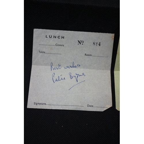 355 - Jack Warner Peter Byrne Autographs From Dixon of Dock Green and Carry on Cabby on Lunch Receipts