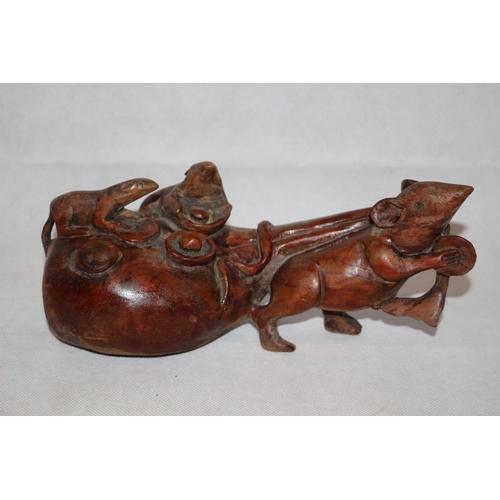 7 - Hand carved Vintage Chinese solid wood sculpture depicting a Chinese folk story of mice pulling a ba... 