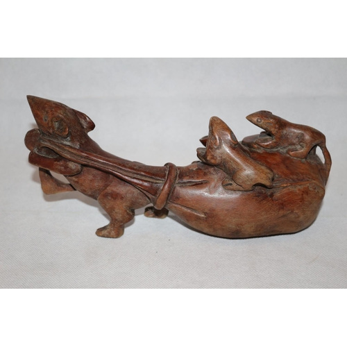 7 - Hand carved Vintage Chinese solid wood sculpture depicting a Chinese folk story of mice pulling a ba... 