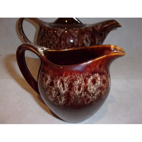 180 - Great Cornwall Pottery Treacle Glazed Teapot, Sugar Bowl and Milk Jug