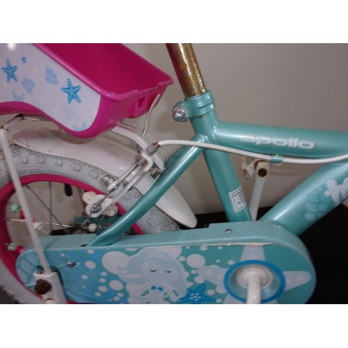 1 - Girls Apollo Bike with Rear Bisect and Stabling Wheels. One Brake Bracket is broken