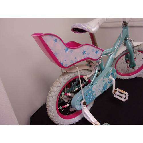 1 - Girls Apollo Bike with Rear Bisect and Stabling Wheels. One Brake Bracket is broken