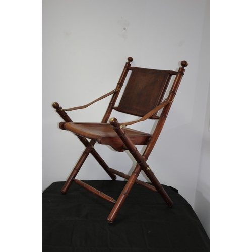 219 - Vintage Bamboo Effect Wood and Leather Fold Up Campaign Chair with Brass Ends