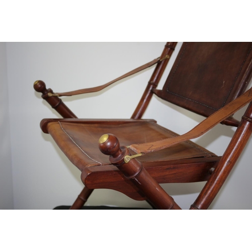 219 - Vintage Bamboo Effect Wood and Leather Fold Up Campaign Chair with Brass Ends