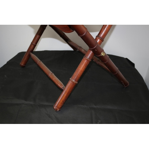 219 - Vintage Bamboo Effect Wood and Leather Fold Up Campaign Chair with Brass Ends