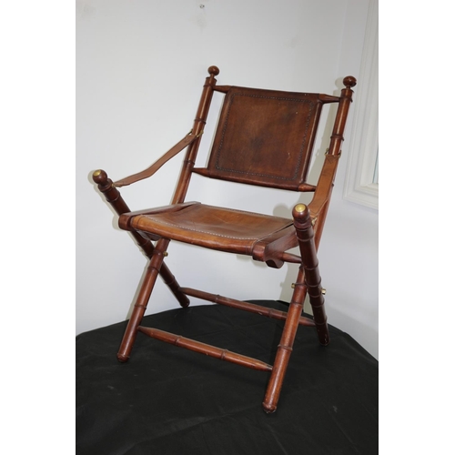 219 - Vintage Bamboo Effect Wood and Leather Fold Up Campaign Chair with Brass Ends