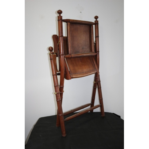 219 - Vintage Bamboo Effect Wood and Leather Fold Up Campaign Chair with Brass Ends