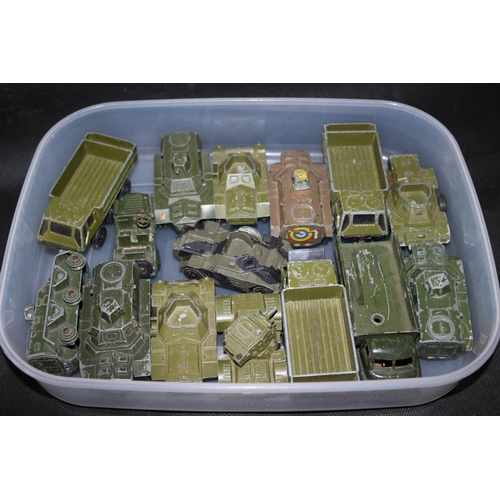 332 - A Small Box containing a good selection of Die Cast Played With Dinky Military vehicles