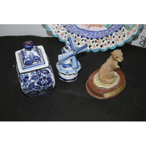 347 - An Electric Mix Including Glassware, Delft Style China Windmill and Hand Painted Porcelain