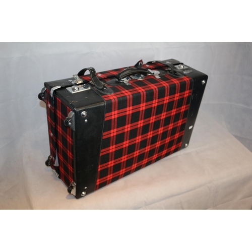 352 - Bright Red Tartan Suitcase On Wheels, Latch Needs Repairing