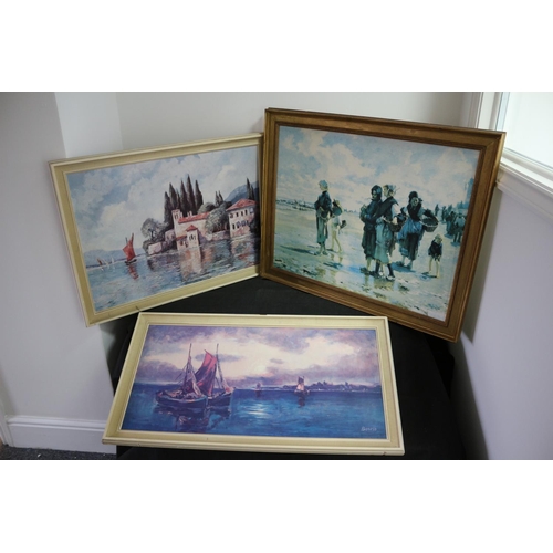 387 - 3 Large Framed Prints on Board 1 of a Beach Scene another of a Continental Lake Scene and the other ... 