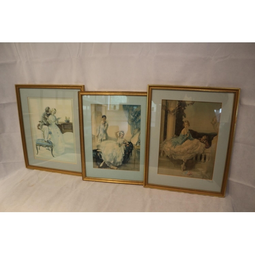 408 - 3 Prints depicting provocative scenes of Victorian ladies. Framed, mounted in blue and glazed