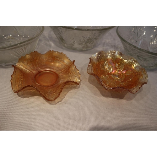 411 - 2 Carnival ware dishes with clear glass fruit bowls