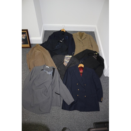 416 - A selection of used, mixed size, mainly gents suits, trousers jacket and coat