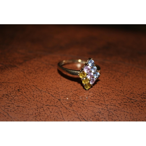 439 - 9ct Yellow Gold Ring Set with 9 Stones, 3 Citrine, 3 Topaz,  and 3 Sapphire - 
Approx Weight  1.9 gr... 