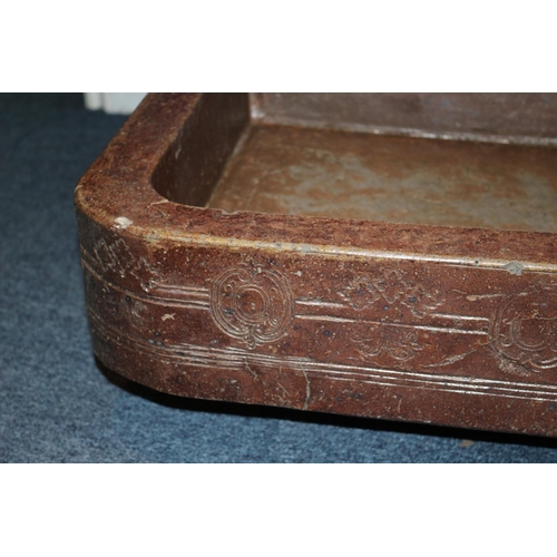 130 - Gorgeous Heavy Stone Belfast Sink With Ornate Carving  On Edge, Has Usual Usage Marks