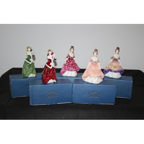 144 - 5X Boxed Caroline Fine Bone China Lady Figurines, Hand Painted