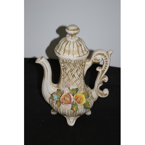 150 - Vintage Italian Capodimonte Coffee Pot With Raised Floral Design and Stamped on Bottom