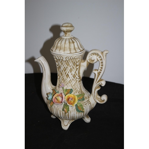 150 - Vintage Italian Capodimonte Coffee Pot With Raised Floral Design and Stamped on Bottom