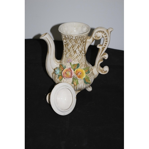 150 - Vintage Italian Capodimonte Coffee Pot With Raised Floral Design and Stamped on Bottom