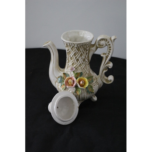 150 - Vintage Italian Capodimonte Coffee Pot With Raised Floral Design and Stamped on Bottom