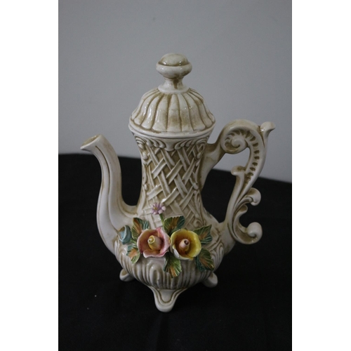 150 - Vintage Italian Capodimonte Coffee Pot With Raised Floral Design and Stamped on Bottom